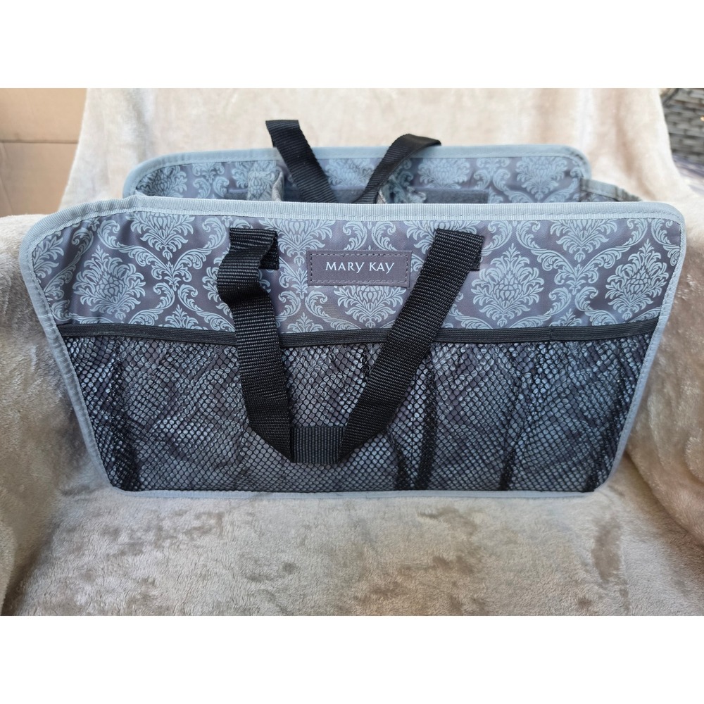Mary Kay Consultant Organizer Tote Bag Grey Damask Mesh Pockets Travel Caddy